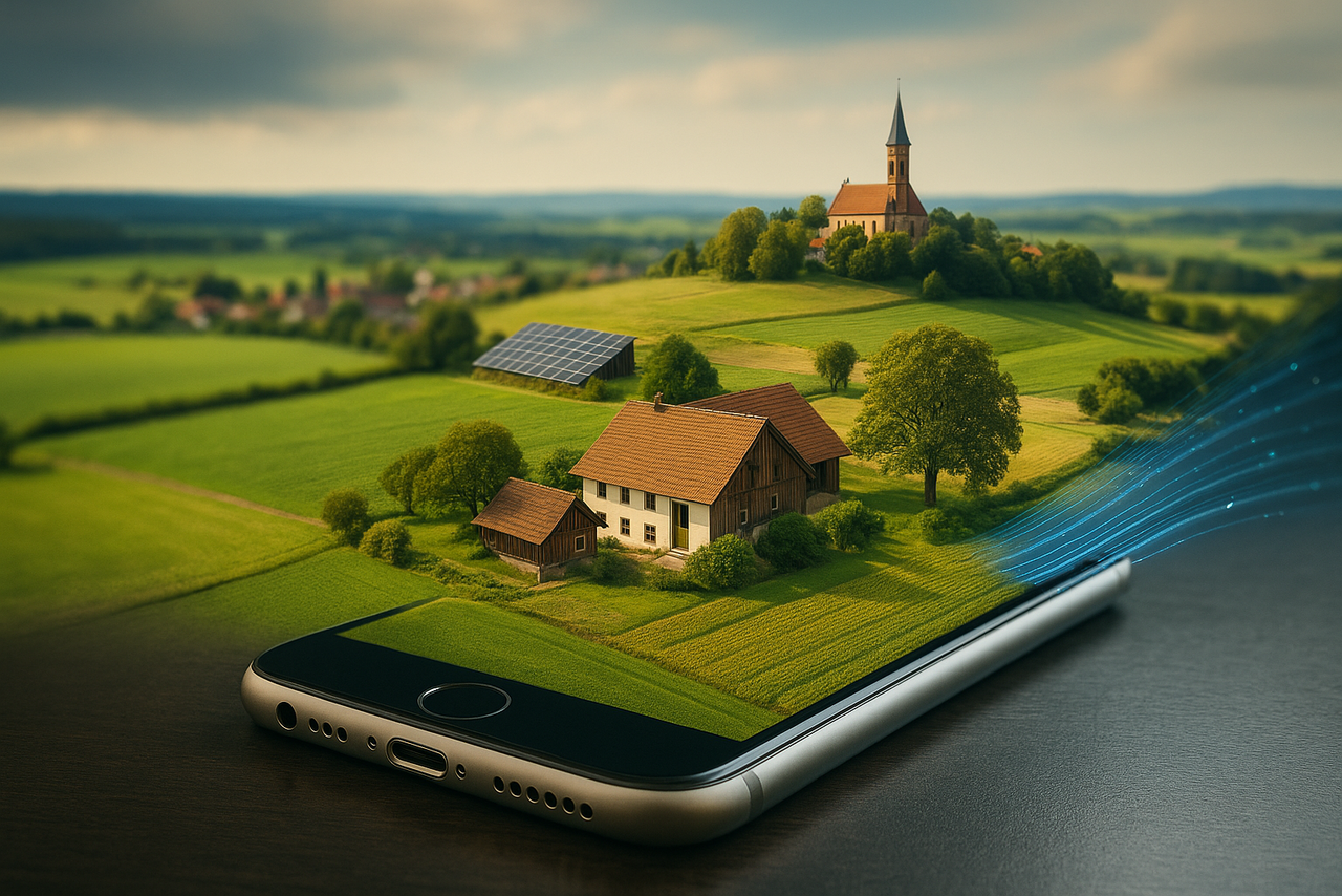 Ein Smartphone liegt auf einem dunklen Tisch. Aus dem Display erhebt sich eine dreidimensional wirkende ländliche Region mit grünen Feldern, einem Bauernhaus, Bäumen, einer Kirche und einem Solarfeld. Die Szene symbolisiert, wie digitale Technologien mit regionalen Lebensräumen verbunden werden können.