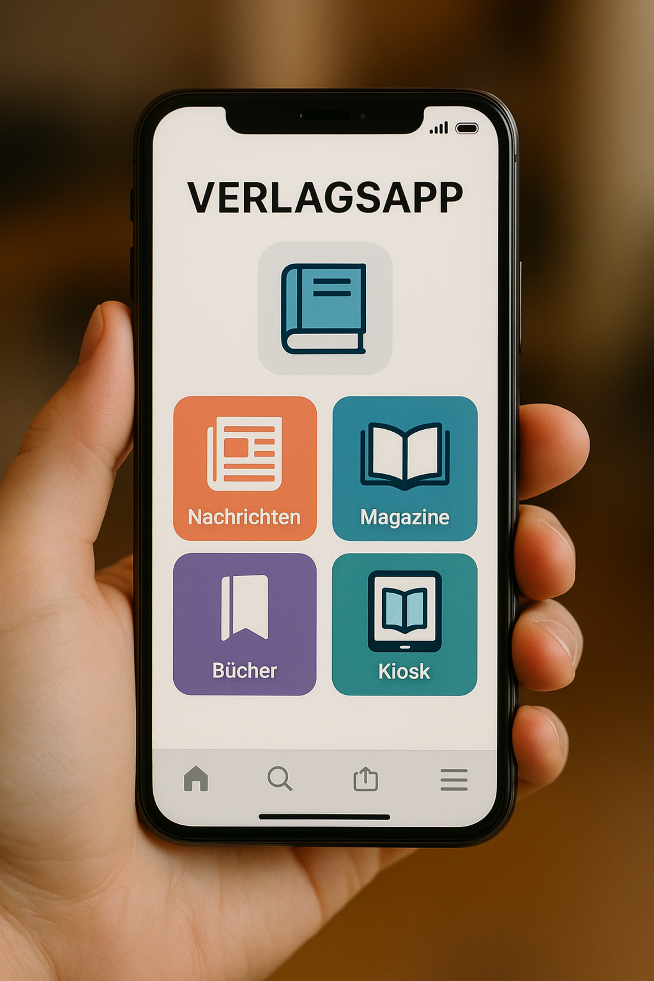 Ein Smartphone wird in einer Hand gehalten und zeigt die Benutzeroberfläche einer Verlagsapp. Auf dem Bildschirm sind vier bunte Kacheln mit Icons und Beschriftungen zu sehen: "Nachrichten", "Magazine", "Bücher" und "Kiosk". Am oberen Rand steht der Titel „VERLAGSAPP“.