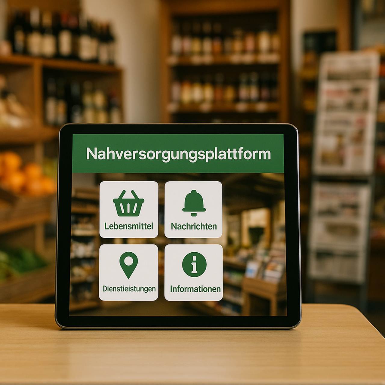 Ein Tablet steht auf einem Holztresen in einem kleinen, gut sortierten Dorfladen. Auf dem Bildschirm ist die Benutzeroberfläche einer "Nahversorgungsplattform" zu sehen, mit vier großen Symbolen für Lebensmittel, Nachrichten, Dienstleistungen und Informationen. Der Hintergrund zeigt unscharf Regale mit Lebensmitteln und Produkten des täglichen Bedarfs. Die Darstellung betont einfache Bedienbarkeit und den Zugang zu wichtigen Informationen in ländlichen Regionen.