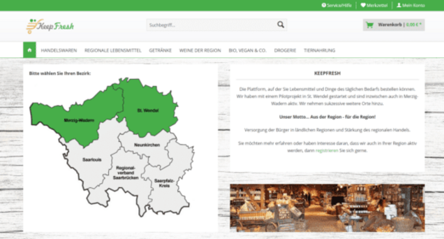 Startseite des regionalen Online-Shops KeepFresh mit einer interaktiven Karte zur Auswahl des Liefergebiets in der Saar-Lor-Lux-Region sowie Informationen zur Philosophie „Aus der Region – für die Region“.