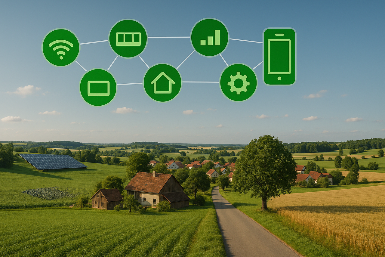 Blick auf eine idyllische ländliche Region mit Feldern, einem Bauernhaus, Solarpanels und einem Dorf im Hintergrund. Über dem Bild schwebt ein Netzwerk aus grünen digitalen Symbolen, darunter WLAN, Smartphone, Website, Haus, digitale Anzeige und Zahnrad, die die digitale Vernetzung und moderne Infrastruktur in ländlichen Gebieten symbolisieren.